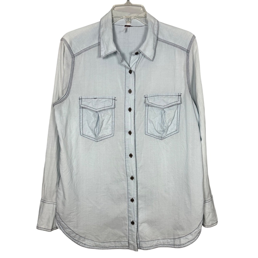 FREE PEOPLE Last Chance Light Blue Chambray Button-Down Shirt Contrast Stitch, S